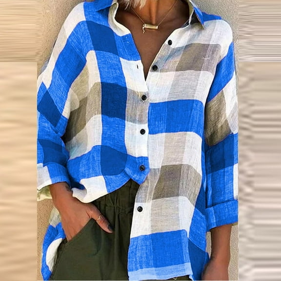 Dyfzdhu Plaid Shirts for Women Plus Size Trendy Loose Checkered Print Long Sleeve Blouse Top Blue