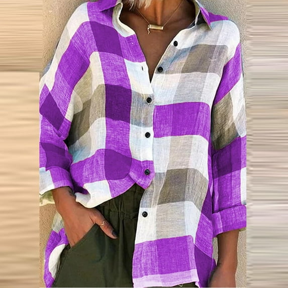 Dyfzdhu Plaid Shirts for Women Plus Size Trendy Loose Checkered Print Long Sleeve Blouse Top Purple
