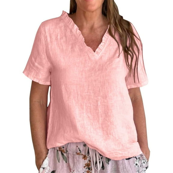 Dyfzdhu Plus Size Linen Blouses for Women Casual Short Sleeve Solid Color Cotton and Linen Ruffled V Neck Shirt,Women Tee Loose Fit Summer Tops Pink