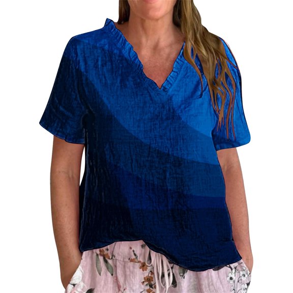 Dyfzdhu Plus Size Linen Blouses for Women Casual Short Sleeve Vintage Gradient Printed Ruffled V Neck Shirt Lightweight Loose Fit Summer Top Black
