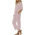 thumbnail image 1 of Dyfzdhu Plus Size Linen Sets for Women 2 Piece Daily Casual Solid Long Sleeve Shirt Tops Pockets Pants Trousers Set Summer Outfits Pink, 1 of 9
