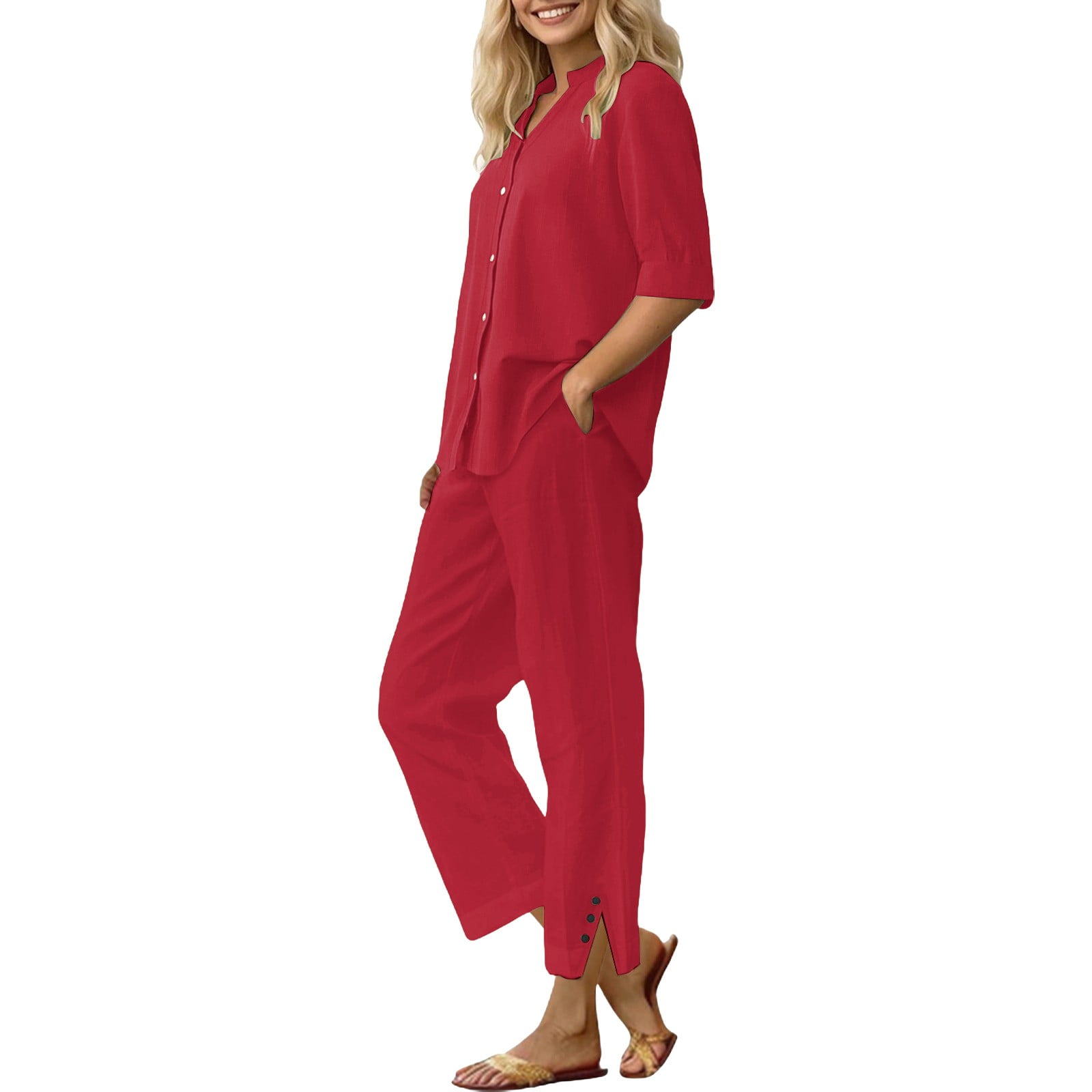 Dyfzdhu Plus Size Linen Sets for Women 2 Piece Daily Casual Solid Long ...
