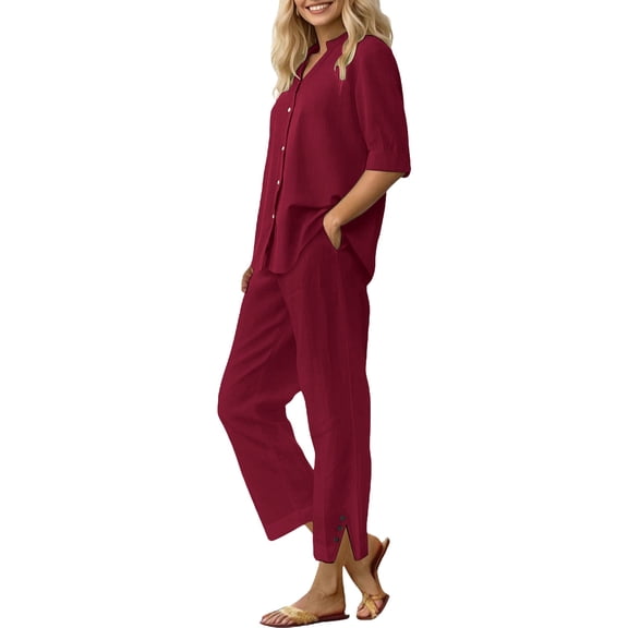 Dyfzdhu Plus Size Linen Sets for Women 2 Piece Daily Casual Solid Long Sleeve Shirt Tops Pockets Pants Trousers Set Summer Outfits Wine