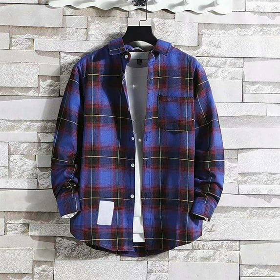 Dyfzdhu Plus Size Mens Plaid Shirts Casual Long Sleeve Button Down Shirt V Neck Loose Checkered Shirt Jacket Purple