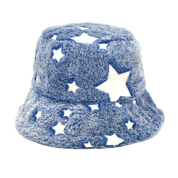 Dyfzdhu Plush Fisherman Hat Women Korean Fashion Star Moon Bucket Hat Autumn Winter Warm Sunshade Blue