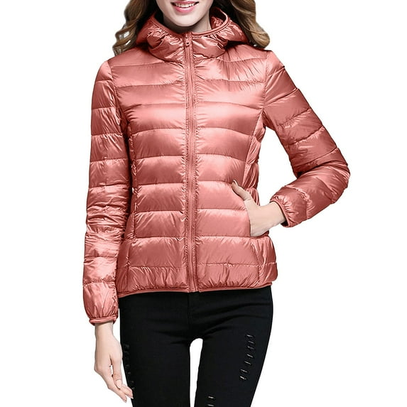 Dyfzdhu Puffer Jackets for Women Casual Solid Color Light Down Jacket White Duck Hooded Orange