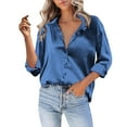 thumbnail image 1 of Dyfzdhu Satin Shirts for Women Silky Long Sleeve Button Down Shirt Casual V Neck Blouse Loose Business Work Tunic Tops Dressy Blouses Blue, 1 of 5