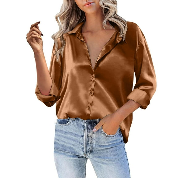 Dyfzdhu Satin Shirts for Women Silky Long Sleeve Button Down Shirt Casual V Neck Blouse Loose Business Work Tunic Tops Dressy Blouses Brown