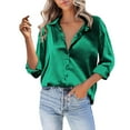 thumbnail image 1 of Dyfzdhu Satin Shirts for Women Silky Long Sleeve Button Down Shirt Casual V Neck Blouse Loose Business Work Tunic Tops Dressy Blouses Green, 1 of 5