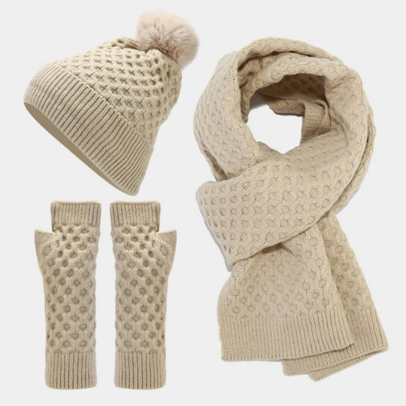 Dyfzdhu Scarf Gloves Hat Set For Teen Girls Women&Men Fall Winter Warm Wool Hat Scarf Gloves Three Pieces Beige