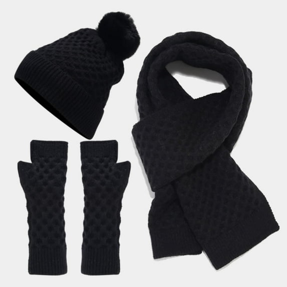 Dyfzdhu Scarf Gloves Hat Set For Teen Girls Women&Men Fall Winter Warm Wool Hat Scarf Gloves Three Pieces Black
