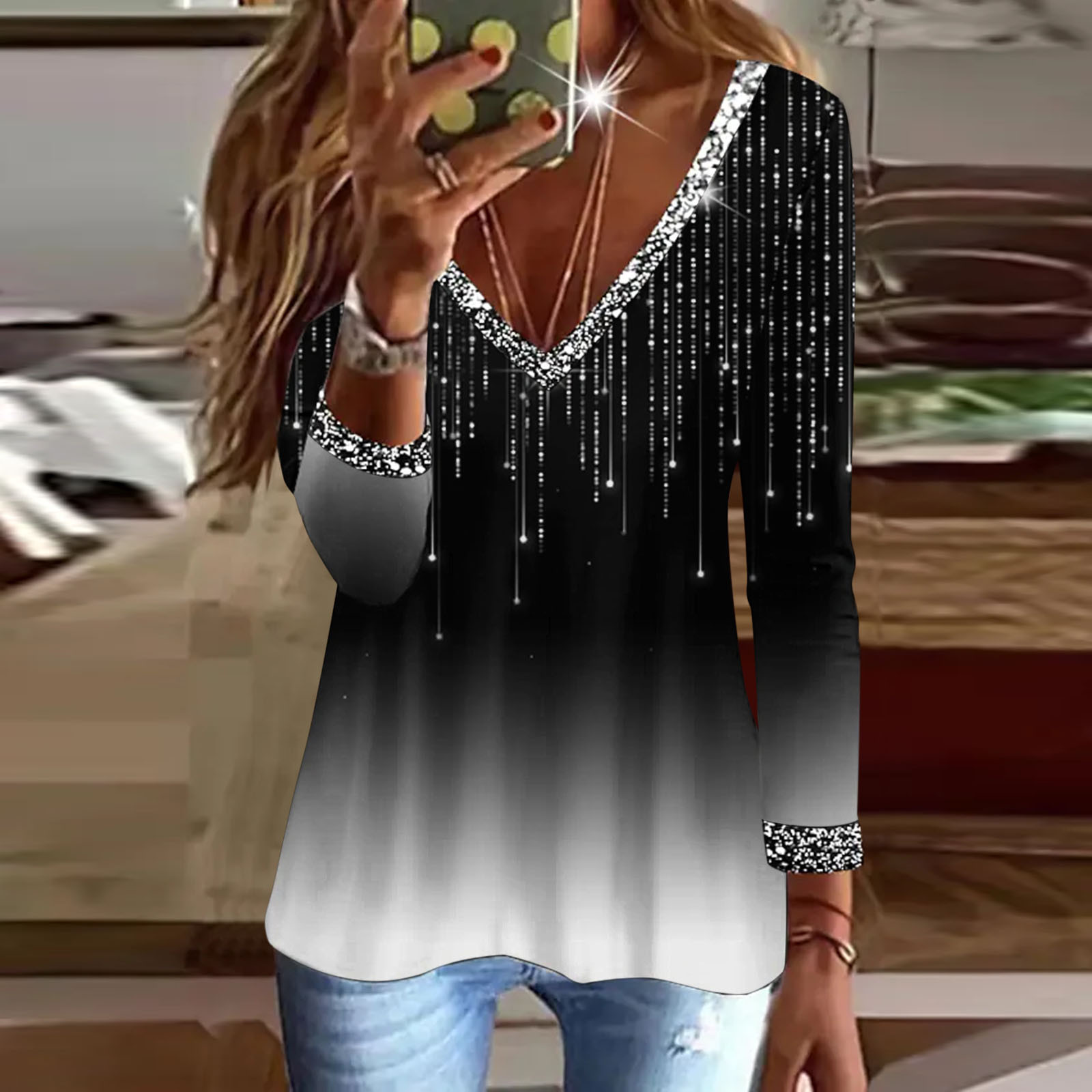 Sequin V-Neck Long Sleeve T-Shirt