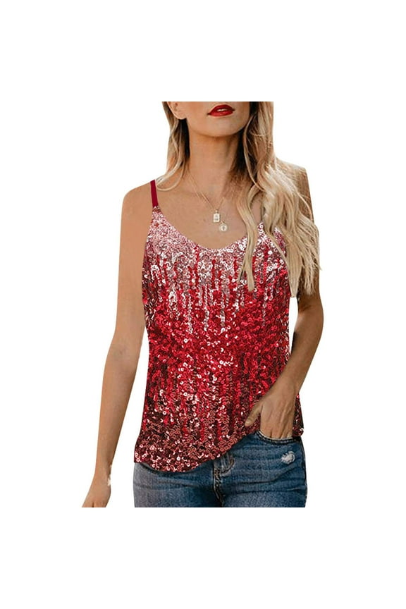Sequin Tank Tops for Women Glitter Party Strappy Vest Camis Red