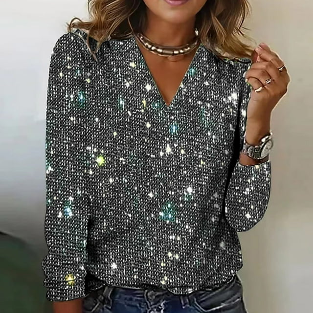 Dyfzdhu Sequin Tops for Women Elegant Trendy V Neck Sparkly Casual ...
