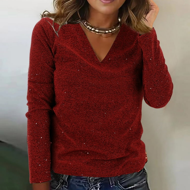 Casual Solid Sequins V Neck Tops Casual Solid Sequins V Neck Tops