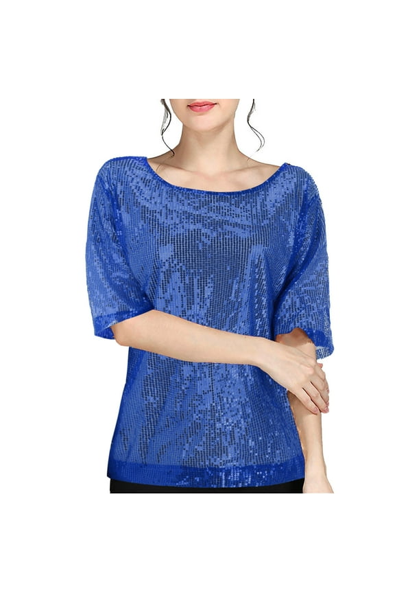 Sequin Tops for Women Plus Size Trendy Sparkly Sequins Party Top Loose Fit Short Sleeve Blouse Blue