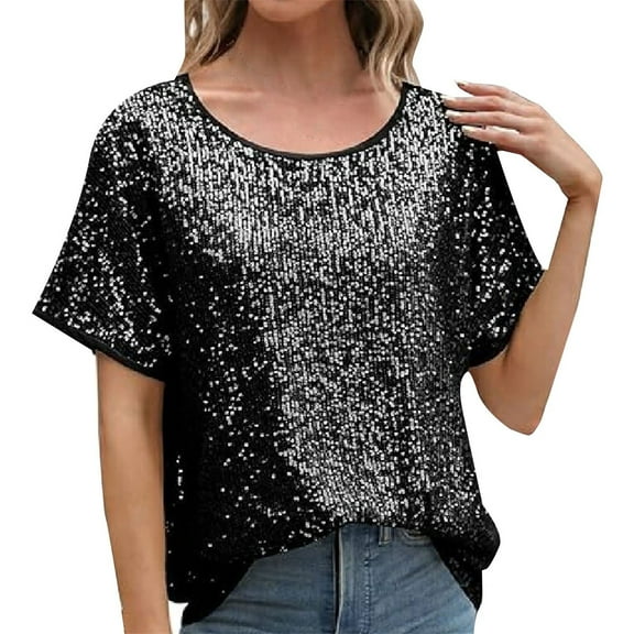 Dyfzdhu Sequin Tops for Women Short Sleeve Glitter T Shirt Boat Neck Loose Trendy Casual Sparkly Blouse Party Club Wear Black