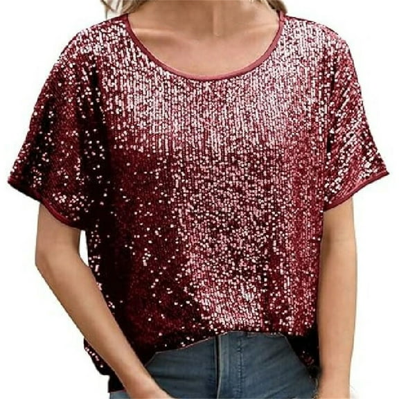Dyfzdhu Sequin Tops for Women Short Sleeve Glitter T Shirt Boat Neck Loose Trendy Casual Sparkly Blouse Party Club Wear Red