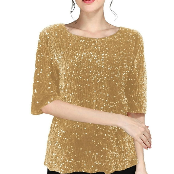 Dyfzdhu Sequin Tops for Women Trendy 3/4 Sleeve Sparkly Blouses Crew Neck Loose Fit Glitter Shirts Party Going Out Top Gold