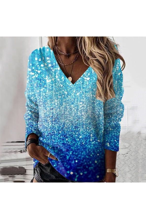 Sequin Tops for Women Trendy Sparkly V Neck Sweatshirt Long Sleeve Printed Loose Pullover Sky Blue