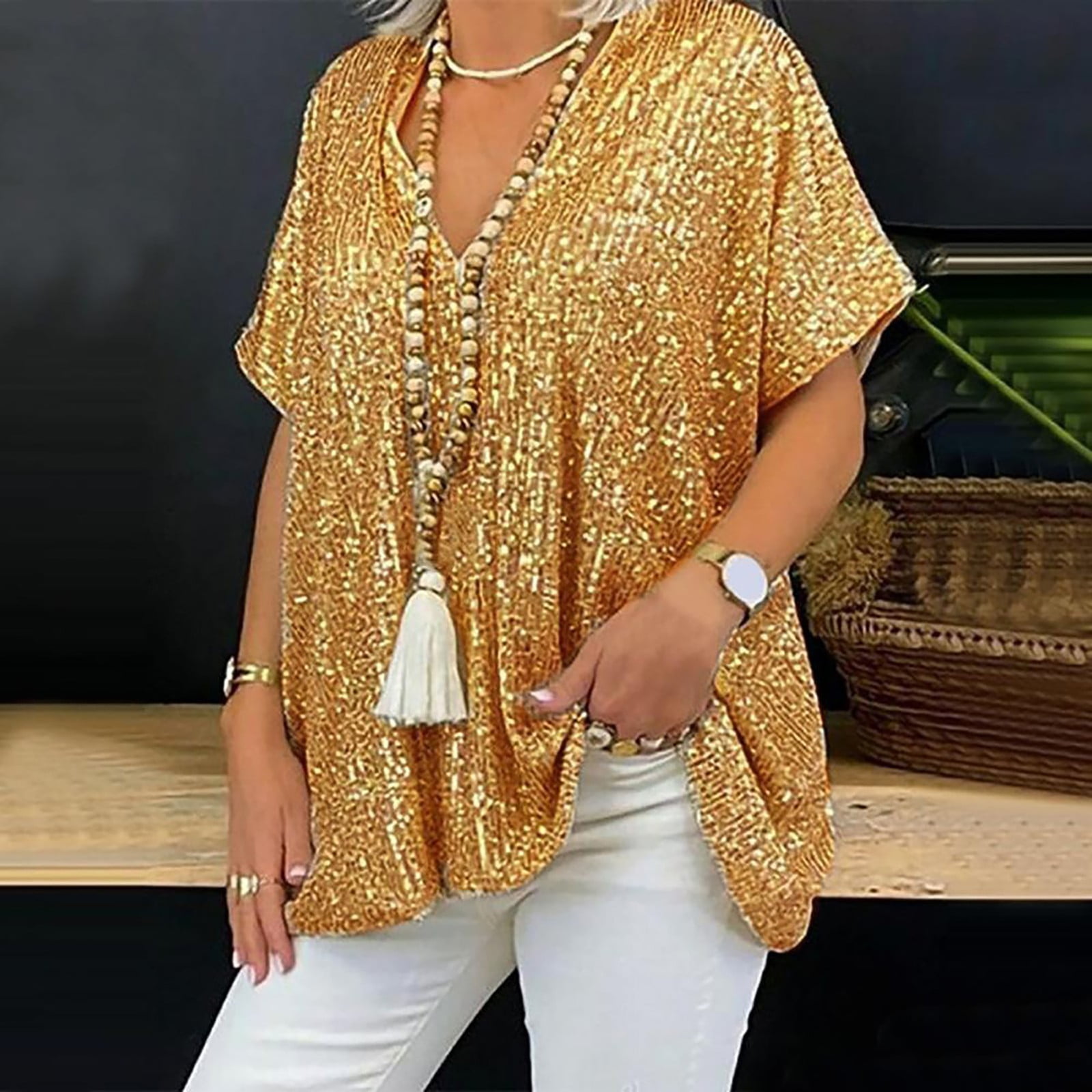 New women's sparkling sequins loose lace top