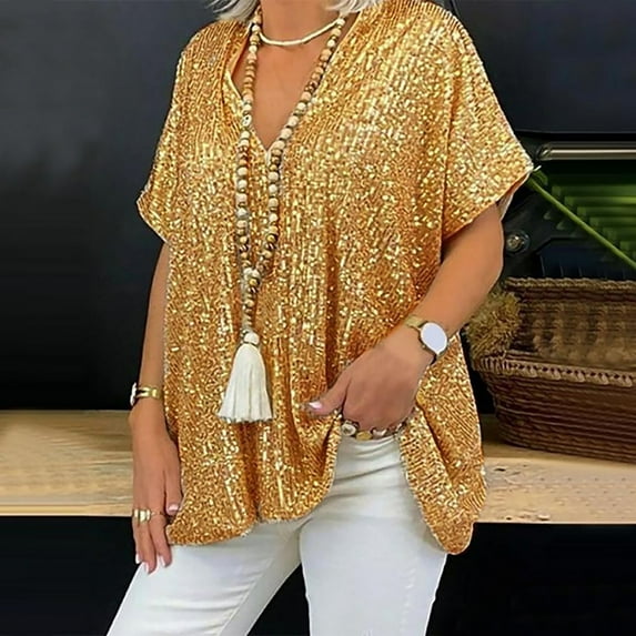 Dyfzdhu Sequin Tops for Women Trendy Spring Summer Short Sleeve V Neck Sparkly Sequined T Shirt Loose Dressy Blouse Gold