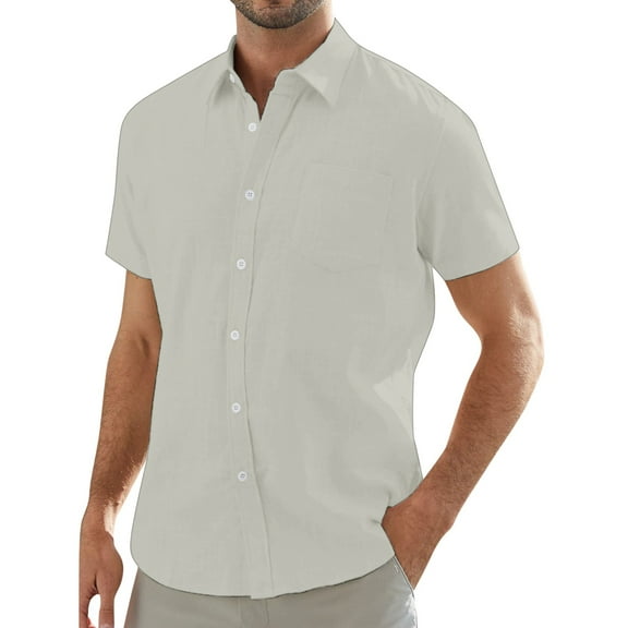 Dyfzdhu Shirts for Men Cotton Solid Pocket Buckle Lapel Short Sleeve Shirt Beige