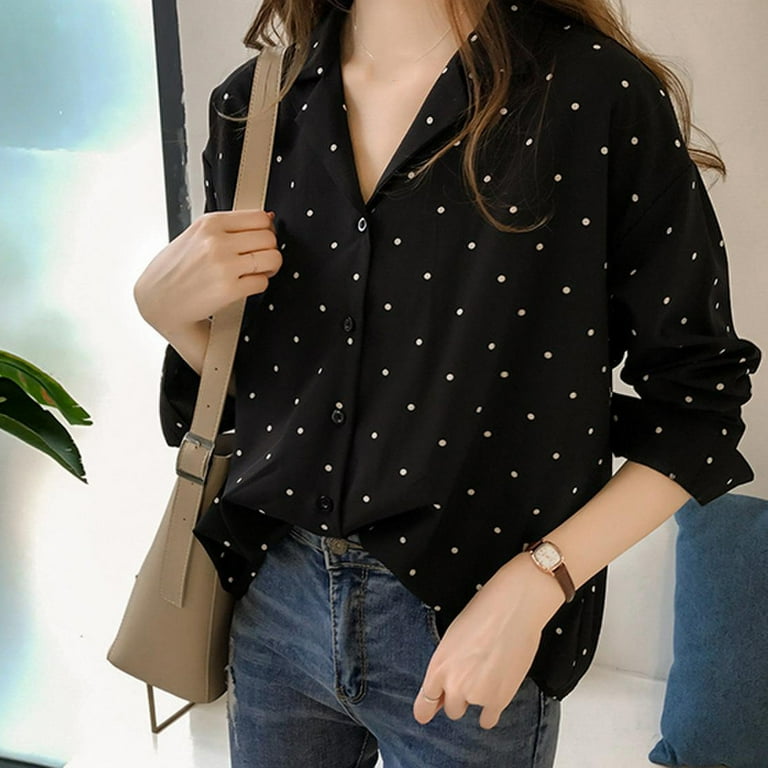 Dyfzdhu Shirts for Women Trendy Long Sleeve Polka Dot Turn