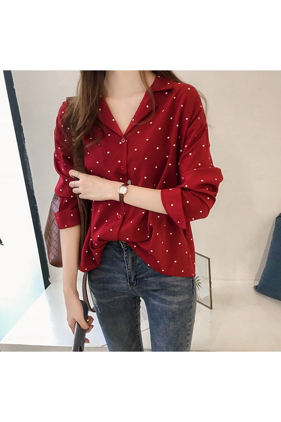 Shirts for Women Trendy Long Sleeve Polka Dot Turn-Down Collar Button Down Shirt Loose Fit Blouse Red