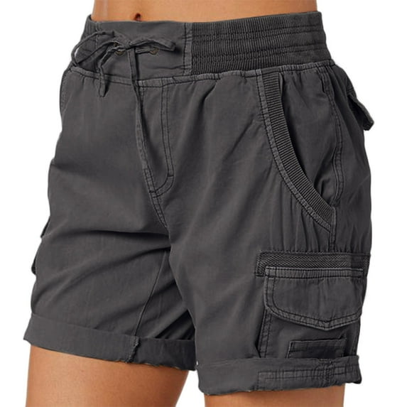 Dyfzdhu Cargo Shorts for Women Drawstring High Waisted Workout Shorts Summer Baggy Running Hiking Shorts With Pockets Lounge Shorts Dark Gray L