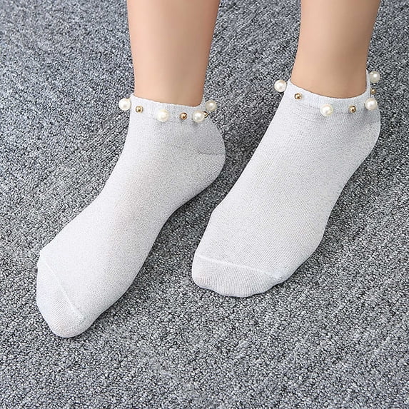 Dyfzdhu Solid Color Low Cut Socks for Women Simple Breathable Trendy Pearl Crew Socks