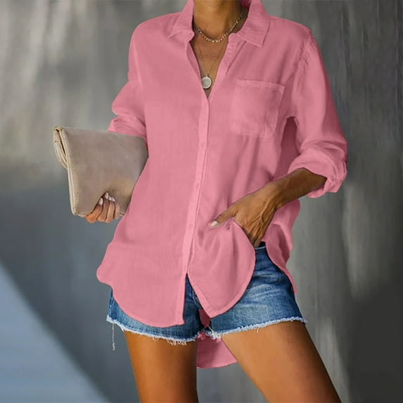 Dyfzdhu Solid Color Shirts For Women Plus Size Long Sleeve Loose Fit Button Down Shirt Tops Casual Blouse