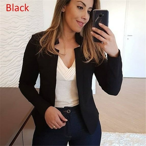 Dyfzdhu Solid Color Short Blazers For Women Long Sleeve Pocket Jacket Outerwear Open Stitch Cardigan, Black L