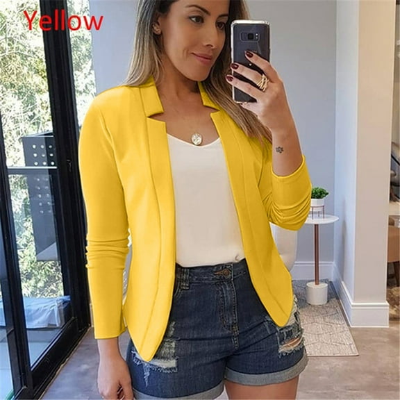 Dyfzdhu Solid Color Short Blazers For Women Long Sleeve Pocket Jacket Outerwear Open Stitch Cardigan, Yellow S