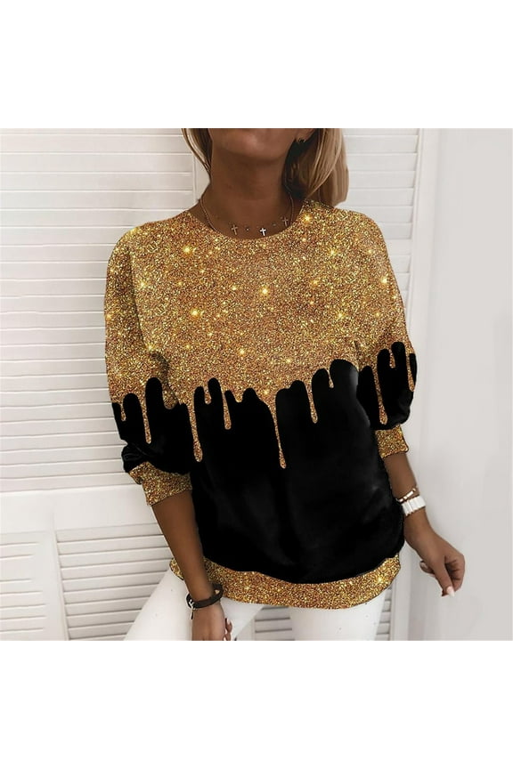 Sparkly Sequin Sweatshirts for Women Plus Size Pullover Trendy Casual Long Sleeve Printed Loose Crewneck Sweatshirts Gold