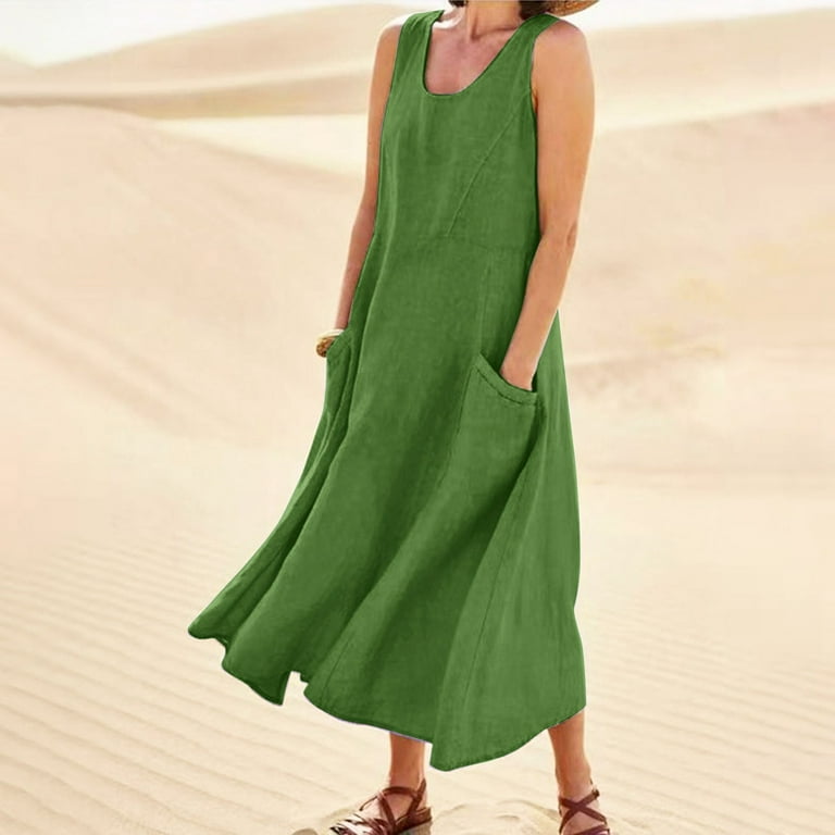 Dyfzdhu Linen Summer Dresses for Women Scoop Neck Solid Maxi Flowy Dress Casual Beach Boho Long Sundress With Pockets Walmart