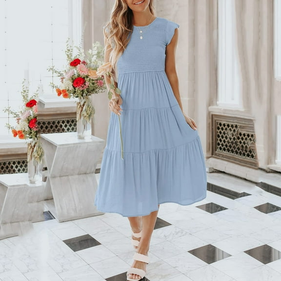 Dyfzdhu Summer Dresses For Women Summer Casual Flutter Short Sleeve Crew Neck Smocked Elastic Waist Tiered Midi Dress