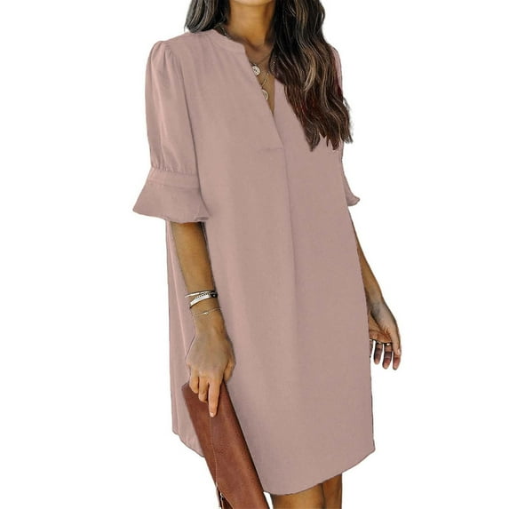 Dyfzdhu Summer Dresses For Women V Neck Loose Solid Color Shirt Dress Casual Ruffle Short Sleeve Mini Dress