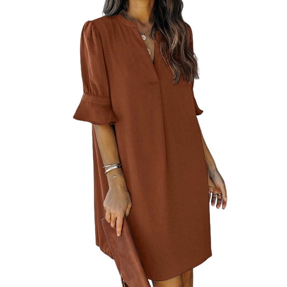 Dyfzdhu Summer Dresses For Women V Neck Loose Solid Color Shirt Dress Casual Ruffle Short Sleeve Mini Dress