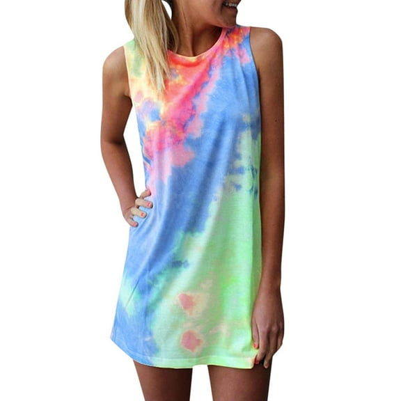 Dyfzdhu Summer Dresses for Women Casual Tie Dye Round Neck Sleeveless T Shirt Dress Beach Tank Mini Dress Blue