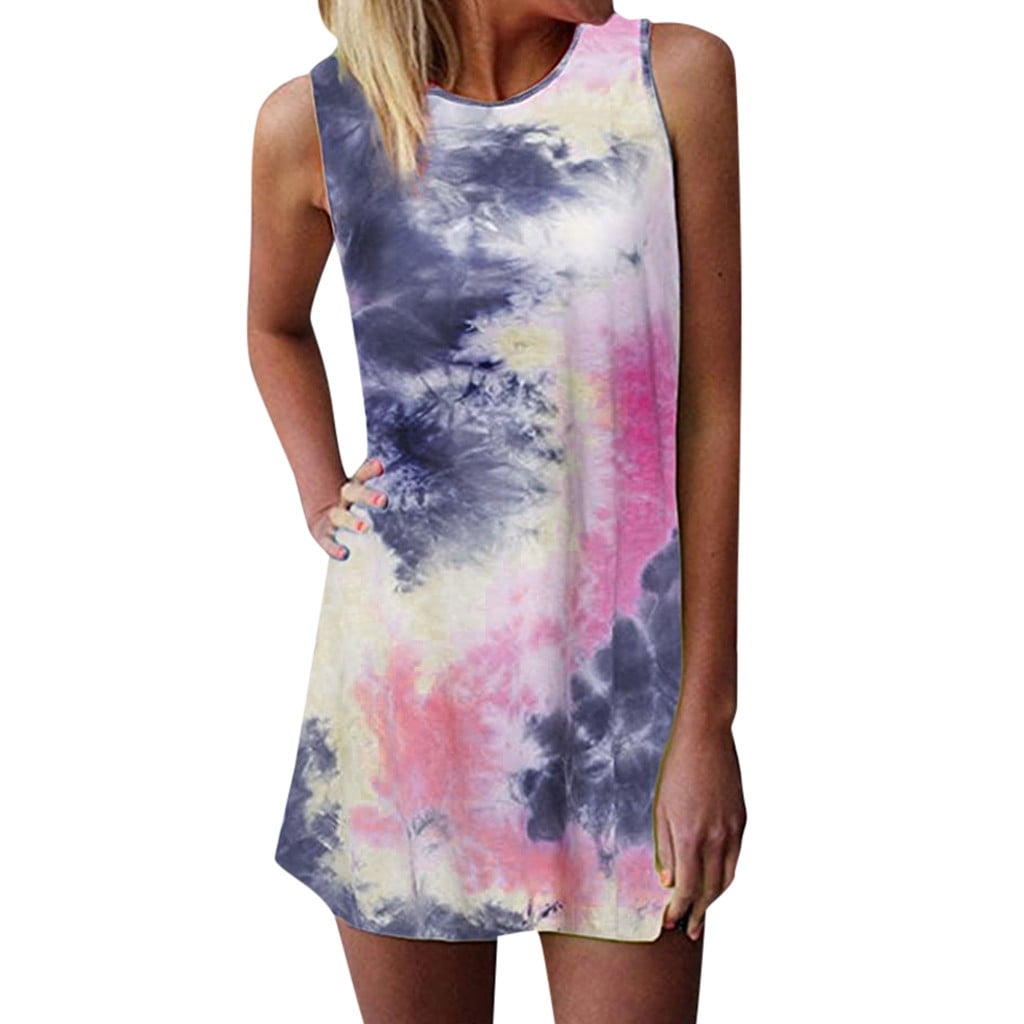 Women's Summer Dress 2025 - Floral Sleeveless T-Shirt Dress, Loose Fit, U-Neck, With Pockets - View #2