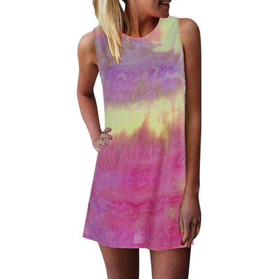 Dyfzdhu Summer Dresses for Women Casual Tie Dye Round Neck Sleeveless T Shirt Dress Beach Tank Mini Dress Pink