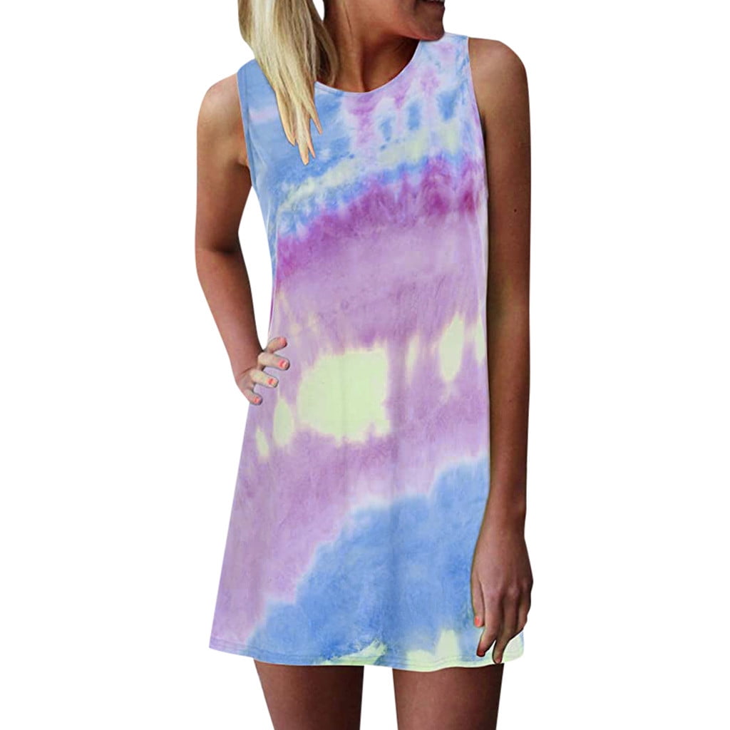 Women's Plus Size Summer Dress - Sleeveless V-Neck T-Shirt Dress, Tie-Dye Purple, Loose Fit