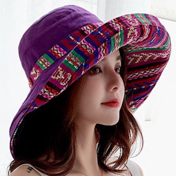 Dyfzdhu Sun Hats for Women Large Brim Double Sided Wear Ethnic Style Sunscreen Beach Bucket Hat Purple