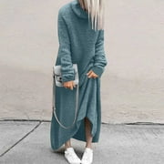 Dyfzdhu Sweater Dresses for Women 2023 Trendy Fall Winter Solid Loose Turtleneck Fuzzy Long Sleeve Maxi Dress Blue