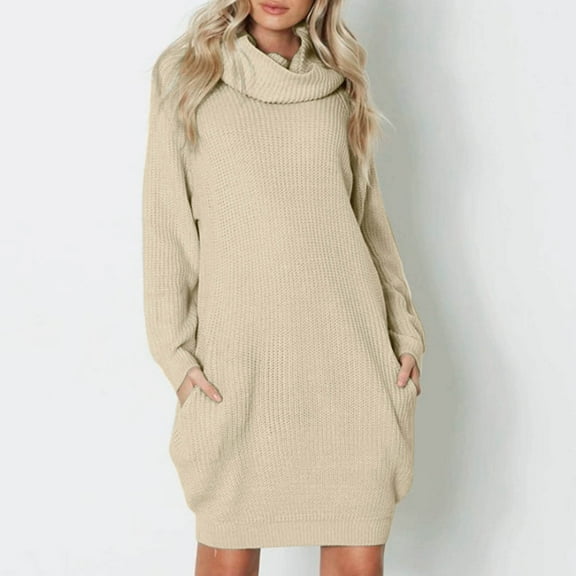 Dyfzdhu Sweater Dresses for Women 2024 Trendy Turtleneck Long Sleeves Pullover Knit Sweaters Loose Pocket Dress Yellow
