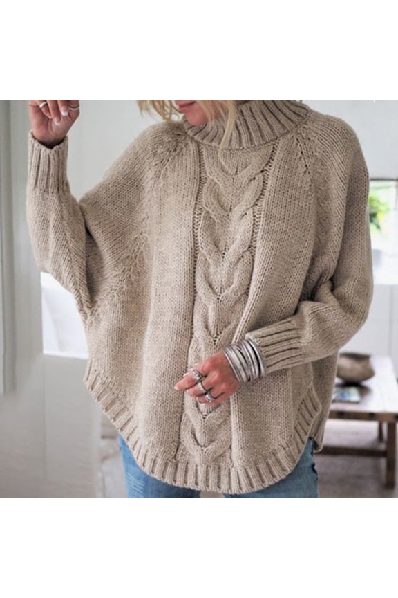 Dyfzdhu Sweaters for Women Dough Loose Bat Sleeve Half High Neck Knitting Sweater Top Khaki