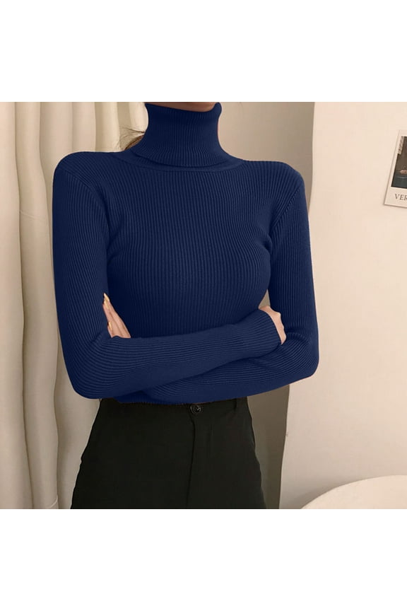 Sweaters for Women Turtleneck Long Sleeve Slim Fit Knit Sweater Pullover Basics Fall Winter Blue