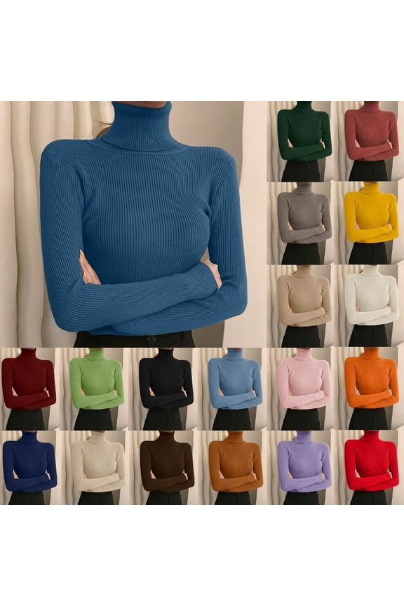 Sweaters for Women Turtleneck Long Sleeve Slim Fit Knit Sweater Pullover Basics Fall Winter Blue