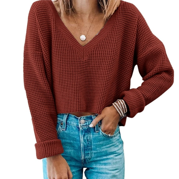 Dyfzdhu Sweaters for Women V Neck Knt Cropped Top Long Sleeve Pullover Short Crop Sweater Brown